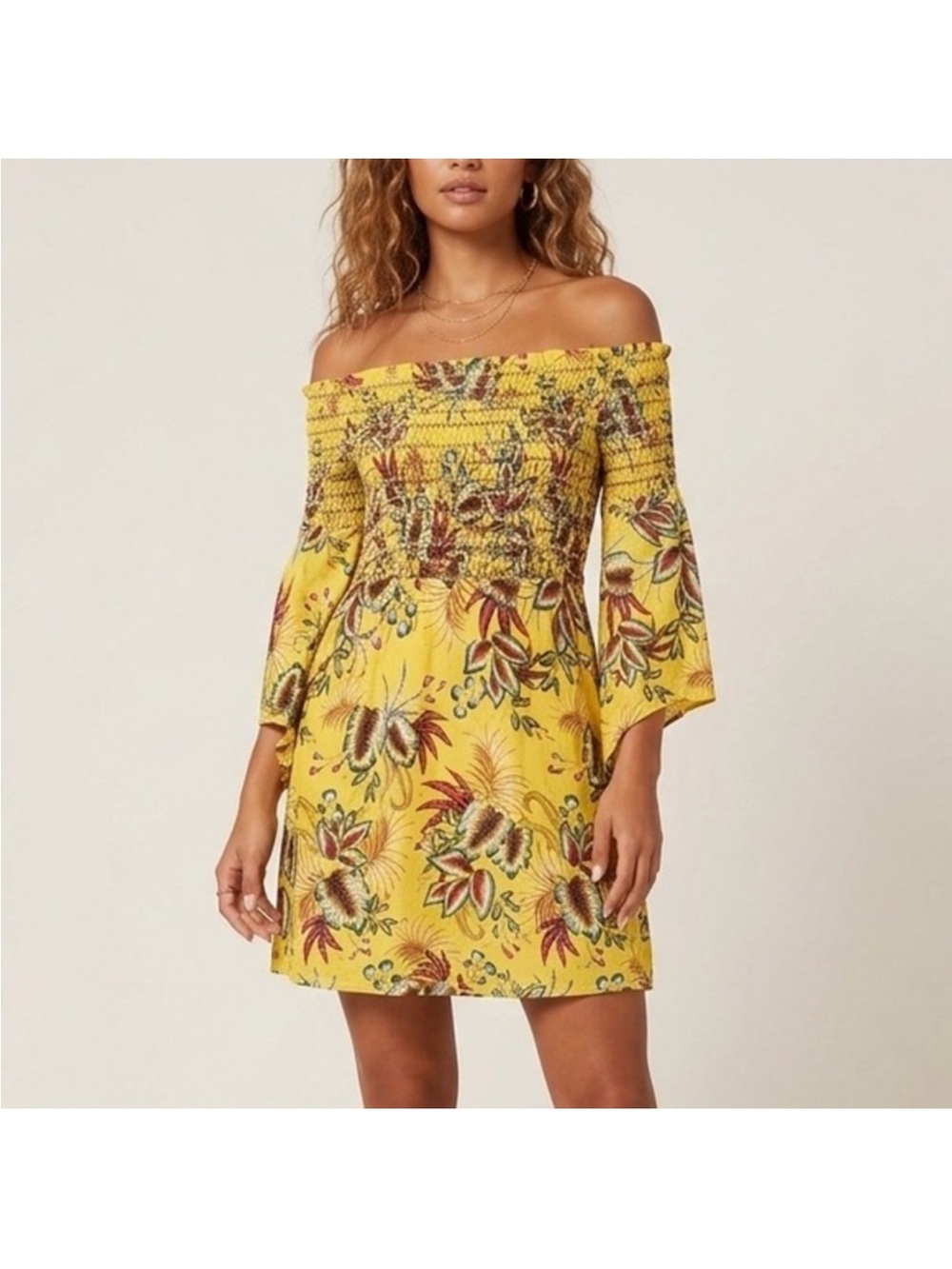 FARM Rio Yellow Off-Shoulder Floral Smocked Mini Dress